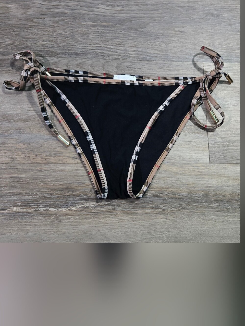 Burberry Check Trim String Bikini Bottoms Black XS Extra Small